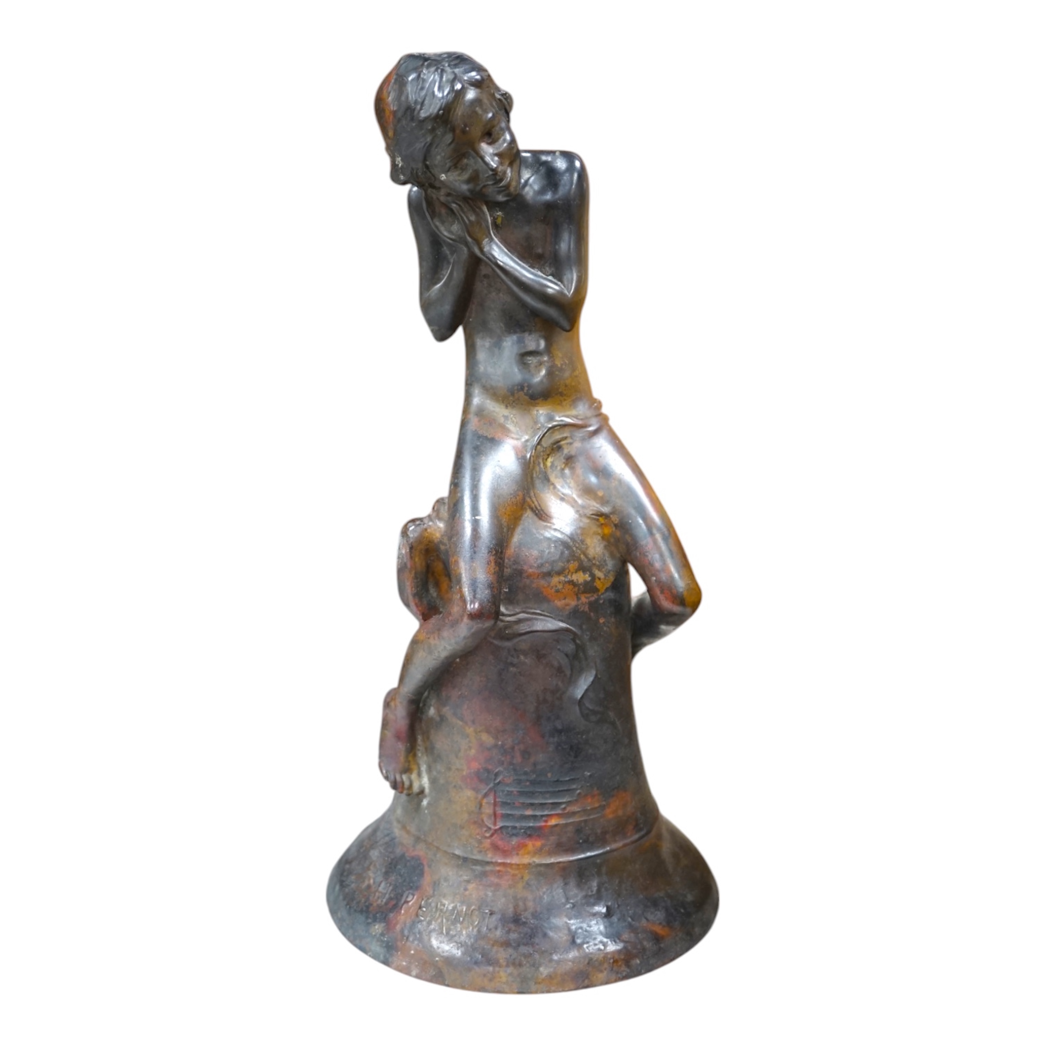 After Henri Pernot (1859-1937), a bronze figure of a boy seated on a bell, signed, 38cm high. Condition - fair to good